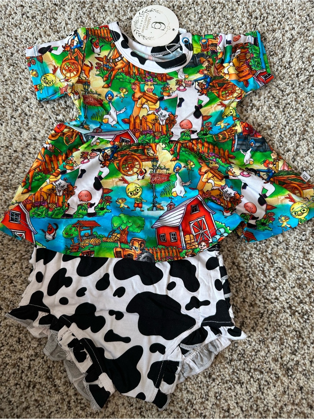 Farmyard Print Bamboo Matching Set with Black & White Cow Ruffled Bummies